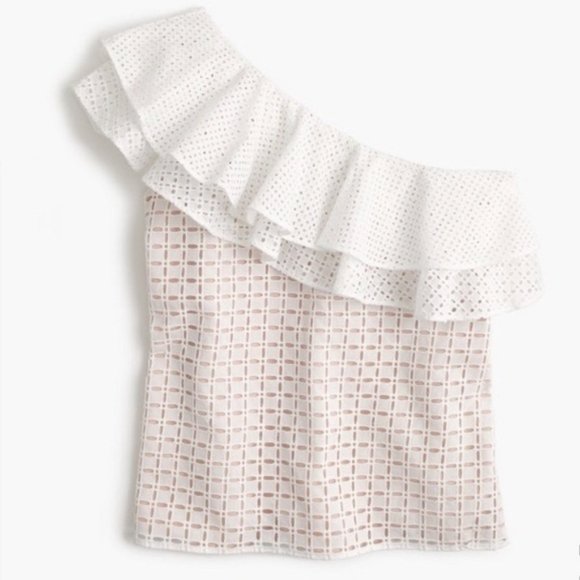 J Crew White One Shoulder Ruffle Eyelet Blouse Top - Picture 4 of 5